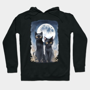 Mysterious black cats under full moon in dark atmosphere, watercolor style Hoodie